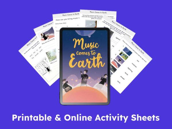 Music Comes to Earth book and printable activity sheets for kids, featuring engaging educational content.