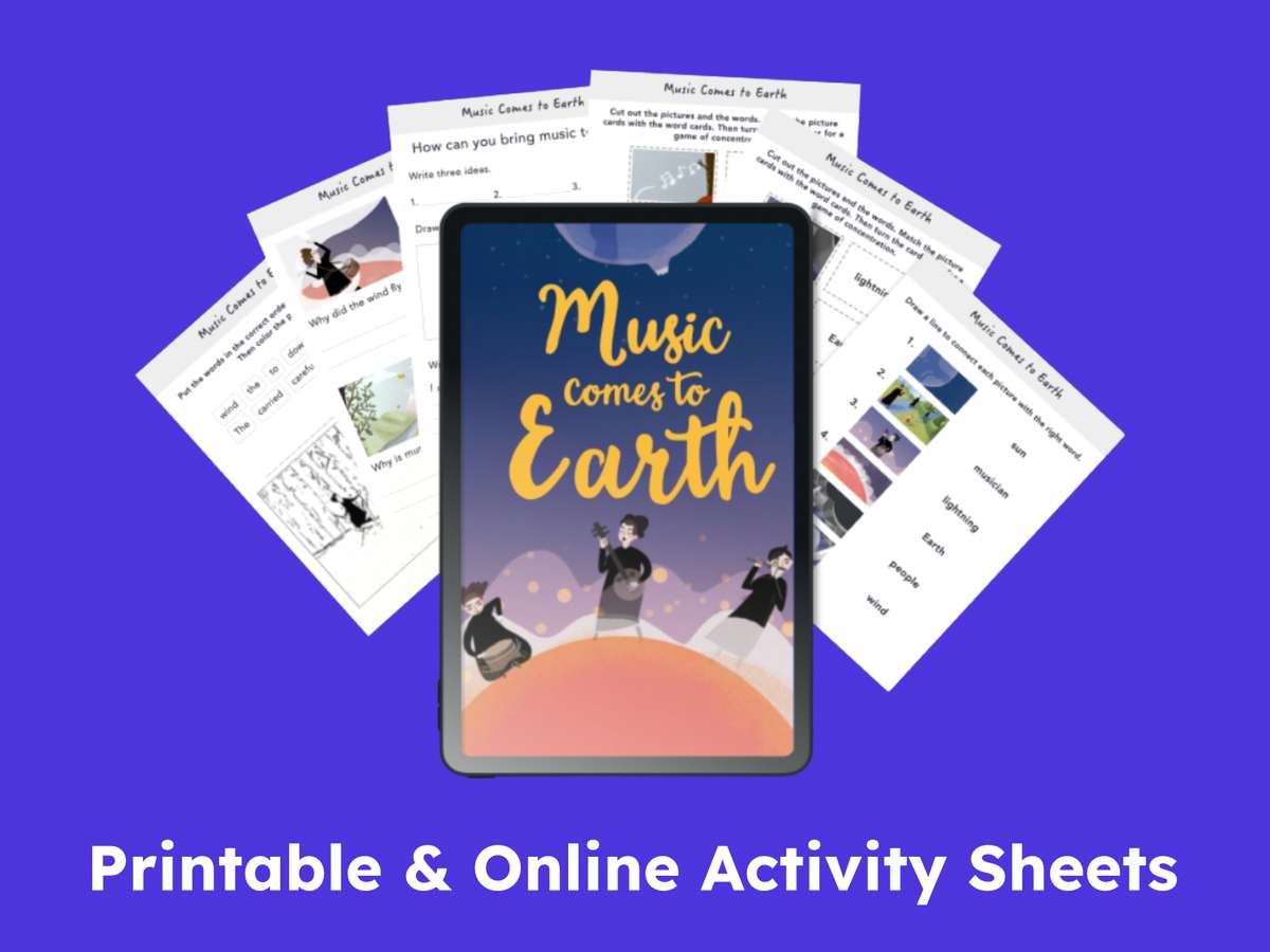 Music Comes to Earth book and printable activity sheets for kids, featuring engaging educational content.