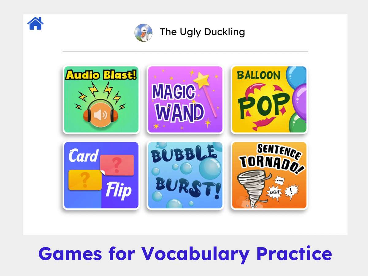Screenshot of six educational games for vocabulary practice including 'Audio Blast,' 'Magic Wand,' 'Balloon Pop,' 'Card Flip,' 'Bubble Burst,' and 'Sentence Tornado!'