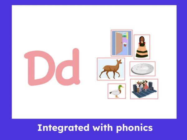 Phonics lesson showing the letter Dd and associated words like deer, duck, door, dress, dish, and dance.