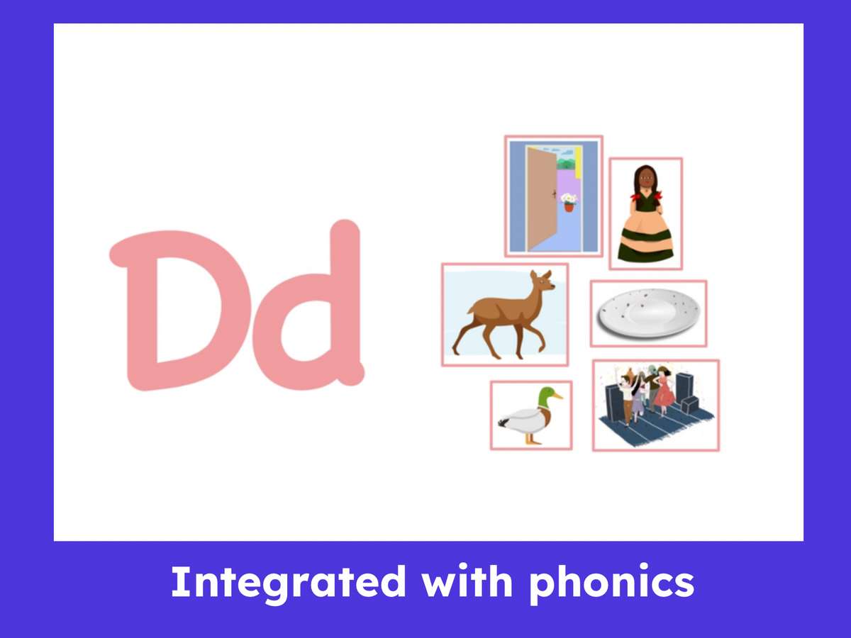 Phonics lesson showing the letter Dd and associated words like deer, duck, door, dress, dish, and dance.