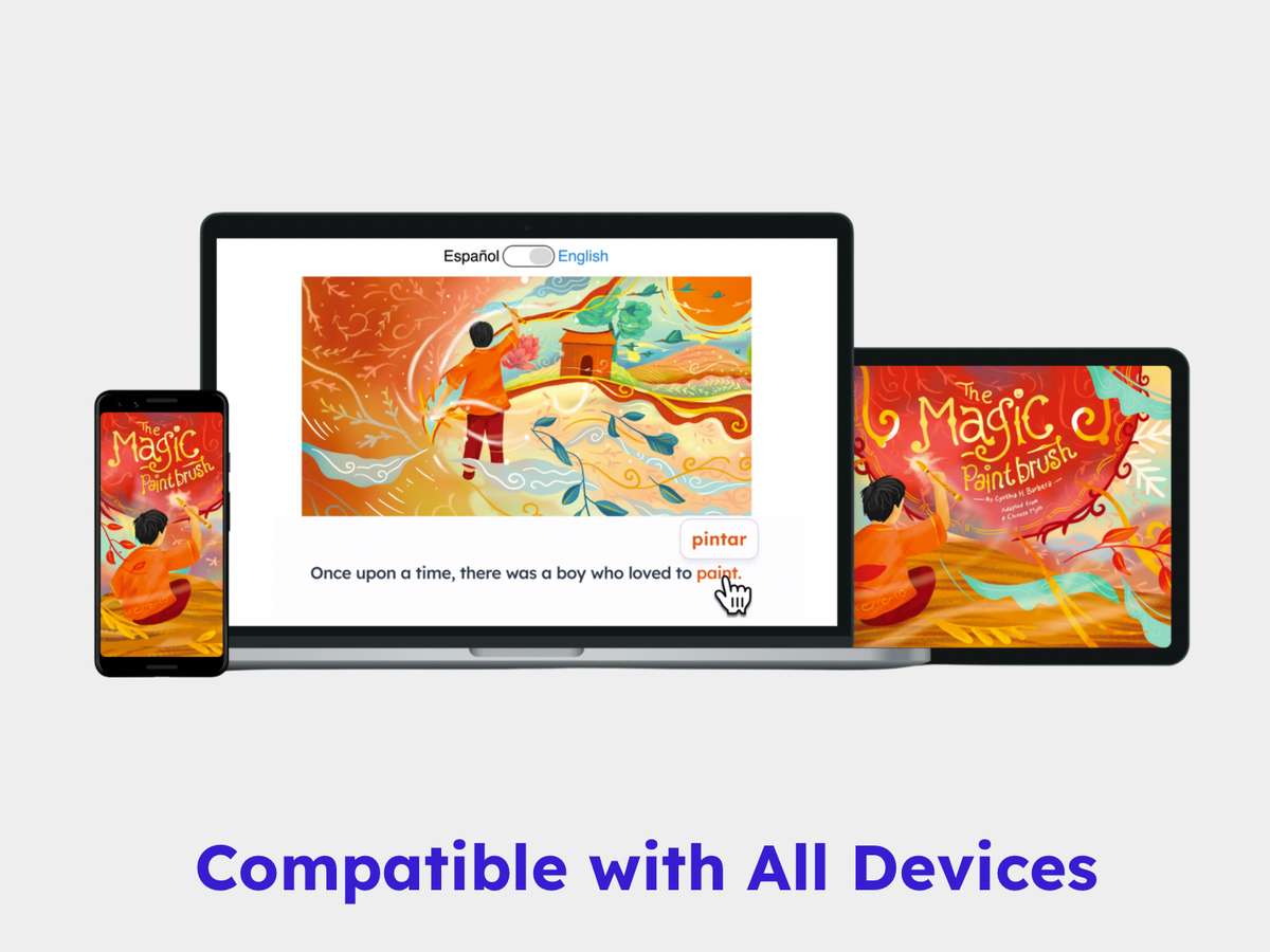 Screenshot from Storyworld with a phone, laptop, and tablet. A description below the devices says “Compatible with all devices.”