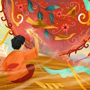 Illustration of a boy painting birds and flowers on a swirling red background with a golden paintbrush.