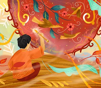 Illustration of a boy painting birds and flowers on a swirling red background with a golden paintbrush.