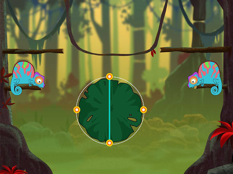 Screenshot from CyberChase Fractions Quest of two chameleons in the forest.