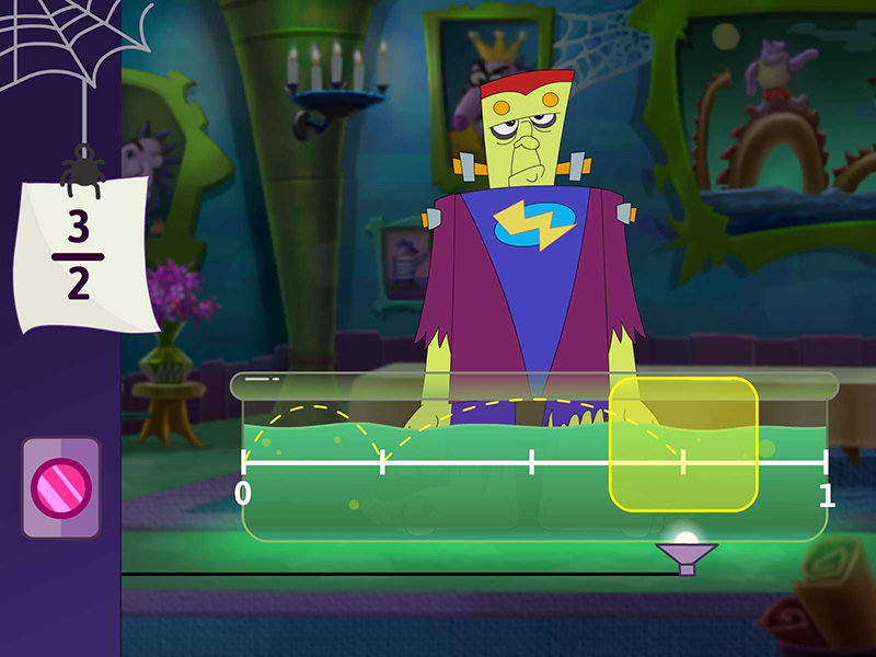 Screenshot from a CyberChase Fractions Quest game. There’s a monster inside a workshop, and a sign on the workshop with the fraction 3/2 written on it.
