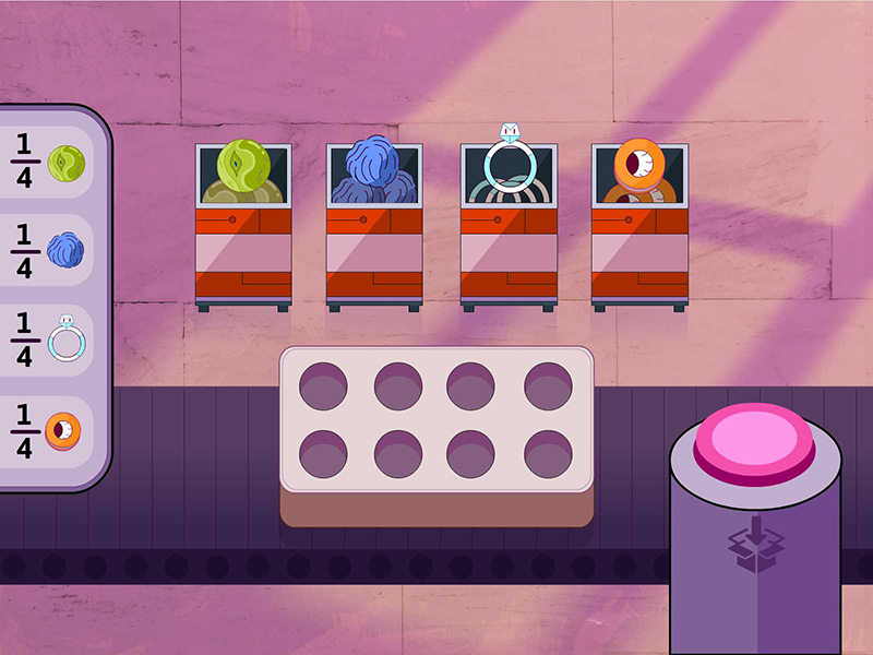Screenshot from a CyberChase Fractions Quest game. There are four rectangles with different options. A left sidebar also contains these objects with fractions written beside them.