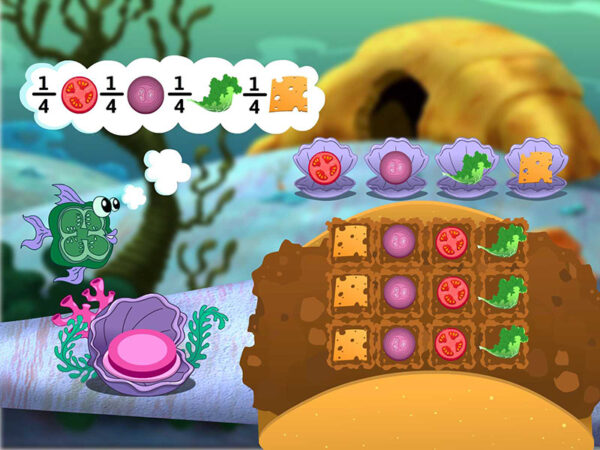 Screenshot of an underwater educational game with a fish solving fraction problems. There are fractions written next to four different sandwich ingredients.