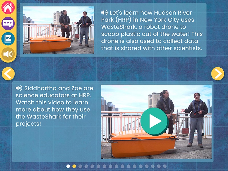 Screenshot from WaterWays Evaluating Progress with a photograph and text. In the photograph, two people stand in front of the water, next to a large orange container. The description explains that the photograph depicts Siddhartha and Zoe – science educators at Hudson River Park in New York City – who use a robot drone to scoop plastic out of the water.