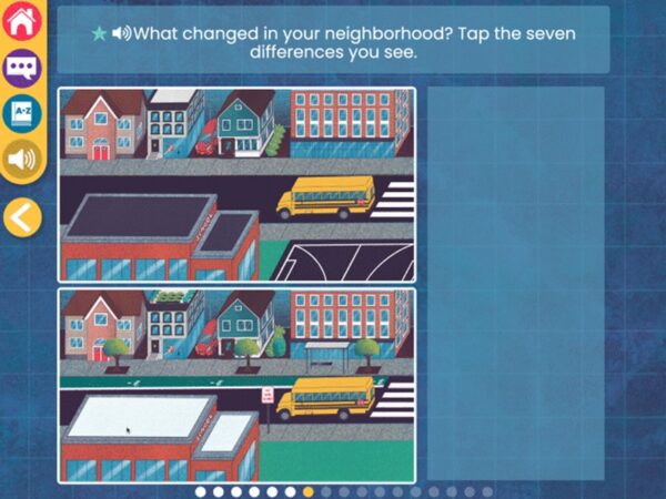 Screenshot from WaterWays Evaluating Progress with two illustrations of a neighborhood where a schoolbus drives down a street lined with houses and buildings. Text above the two illustrations asks users to tap the differences they see in the images.