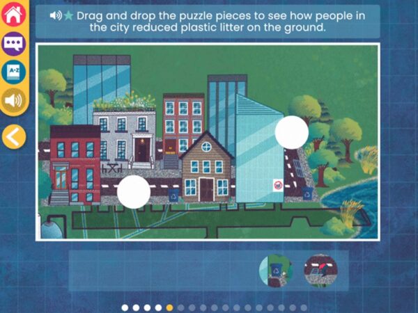 Screenshot from WaterWays Evaluating Progress with an illustration of houses, buildings, trees, and water. Text above the illustration instructs users to drag and drop the puzzle pieces to see how people in the city reduced plastic litter on the ground.
