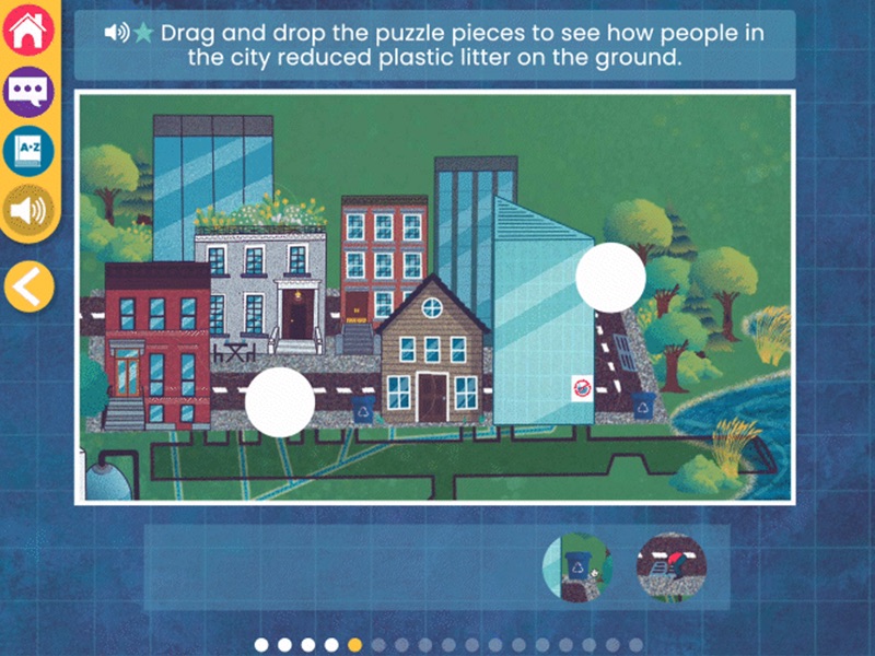 Screenshot from WaterWays Evaluating Progress with an illustration of houses, buildings, trees, and water. Text above the illustration instructs users to drag and drop the puzzle pieces to see how people in the city reduced plastic litter on the ground.