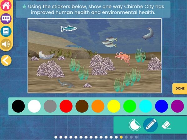 Screenshot from WaterWays Evaluating Progress with an illustration of the ocean with fish swimming, sand, and coral. Below the illustration are colorful circles. Text above the illustration instructs users to use the stickers to show how Chimhe City has improved human health and environmental health.