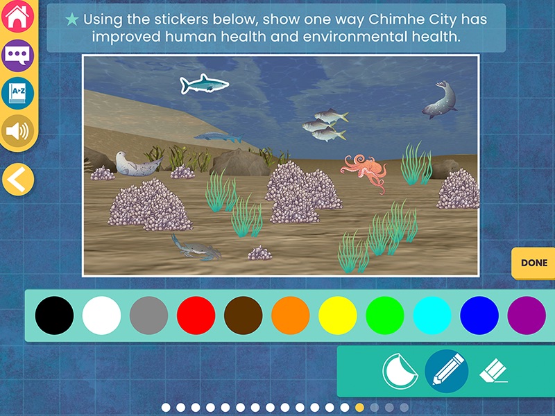 Screenshot from WaterWays Evaluating Progress with an illustration of the ocean with fish swimming, sand, and coral. Below the illustration are colorful circles. Text above the illustration instructs users to use the stickers to show how Chimhe City has improved human health and environmental health.