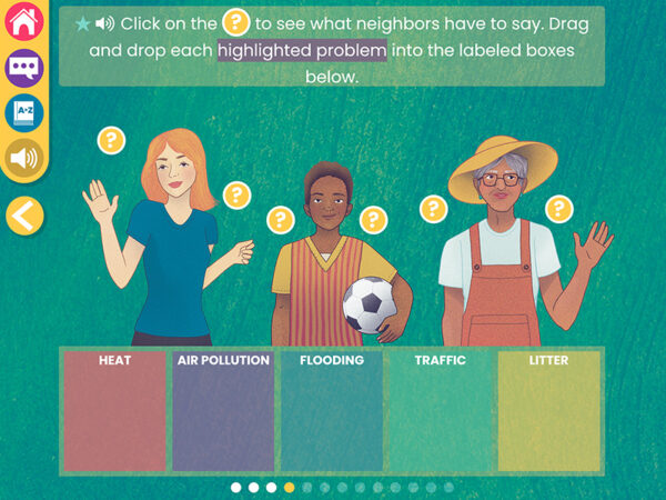 Screenshot from WaterWays: Nature-Based Solutions with an illustration of three people waving. Text above the illustration instructs users to click on the questionmark to see what neighbors have to say about problems related to heat, air pollution, flooding, traffic, and litter.