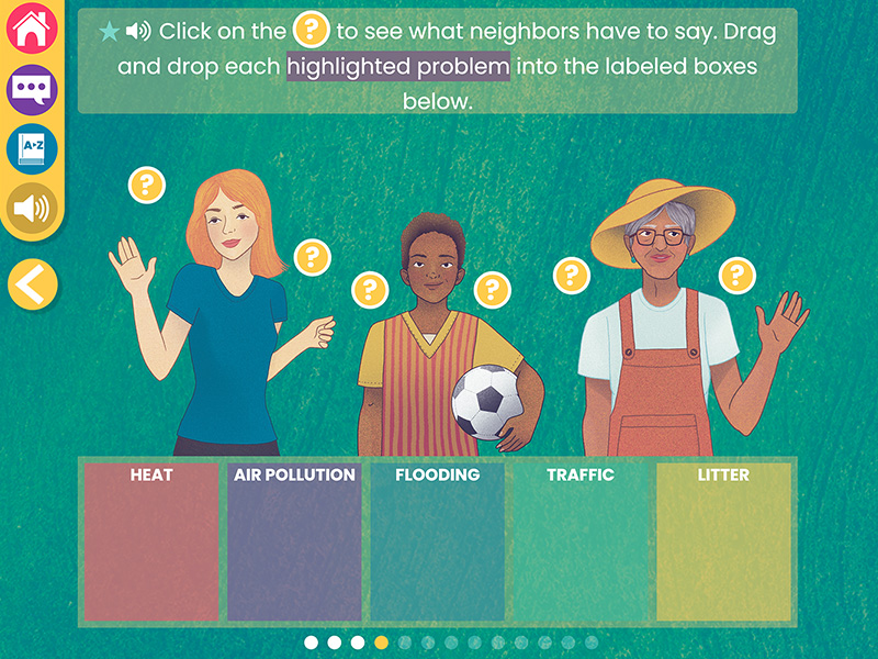 Screenshot from WaterWays: Nature-Based Solutions with an illustration of three people waving. Text above the illustration instructs users to click on the questionmark to see what neighbors have to say about problems related to heat, air pollution, flooding, traffic, and litter.