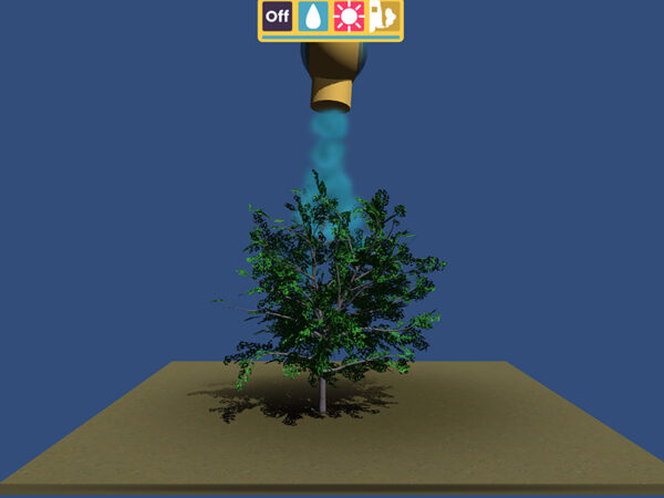 Screenshot from WaterWays: Nature-Based Solutions with a hose pointing towards a tree. Above the hose are four icon options: off, water, sun, fire extinguisher.