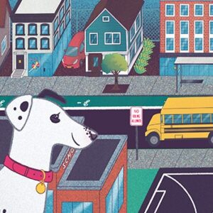 Illustration of a white dog with black spots looking at a city street with buildings and a yellow school bus.