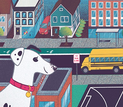 Illustration of a white dog with black spots looking at a city street with buildings and a yellow school bus.