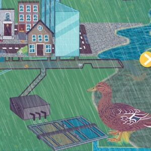 Animated image of a duck in the rain within an urban setting with buildings, river, and infrastructure.