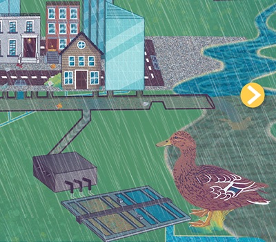 Animated image of a duck in the rain within an urban setting with buildings, river, and infrastructure.