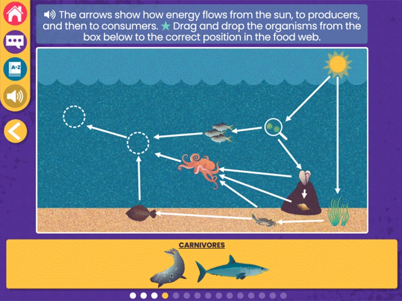 Close-up of WaterWays Restoring Ecosystems game showing a marine food web with sun, producers, and consumers, ready for drag-and-drop activity.