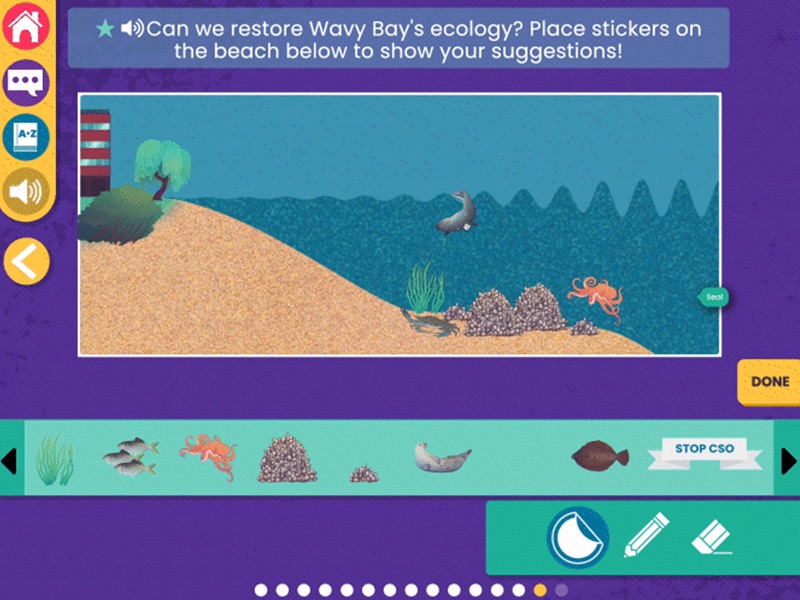 Screenshot from WaterWays: Exploring Ecosystems with an illustration of a beach. The description instructs users to place stickers on the beach to restore Wavy Bay’s ecology.