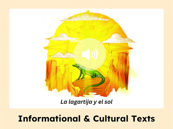 Illustration of a green lizard on a rock under a bright sun, with 'La lagartija y el sol' text, representing informational and cultural texts.