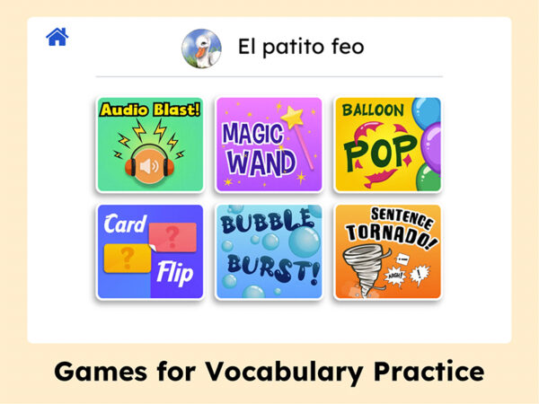 Screenshot of six educational vocabulary games in Spanish, including 'Audio Blast,' 'Magic Wand,' and 'Balloon Pop,' for 'El patito feo'.