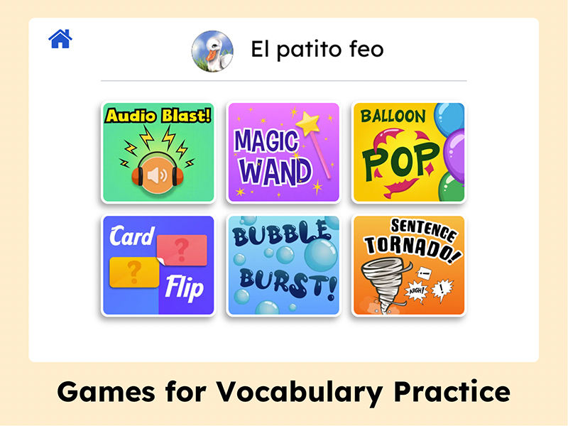 Screenshot of six educational vocabulary games in Spanish, including 'Audio Blast,' 'Magic Wand,' and 'Balloon Pop,' for 'El patito feo'.