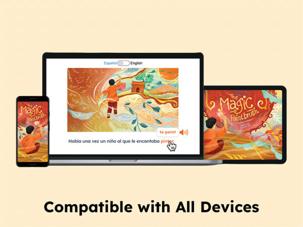 The Magic Paintbrush interactive storybook displayed on a smartphone, laptop, and tablet, with Spanish and English language options.