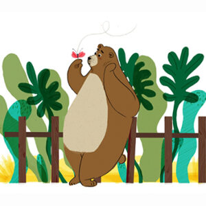 Cartoon illustration of a brown bear observing a small red butterfly in a green natural setting.