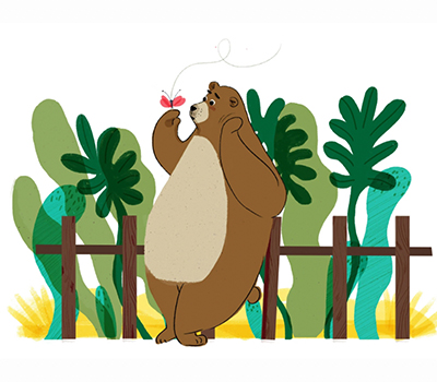 Cartoon illustration of a brown bear observing a small red butterfly in a green natural setting.