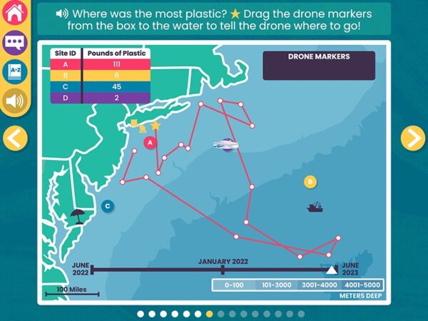 Screenshot from Waterways Sharks and Plastic with an illustrated map of drone markers along the ocean. Text above the map instructs users to drag the drone markers from the box to the water.
