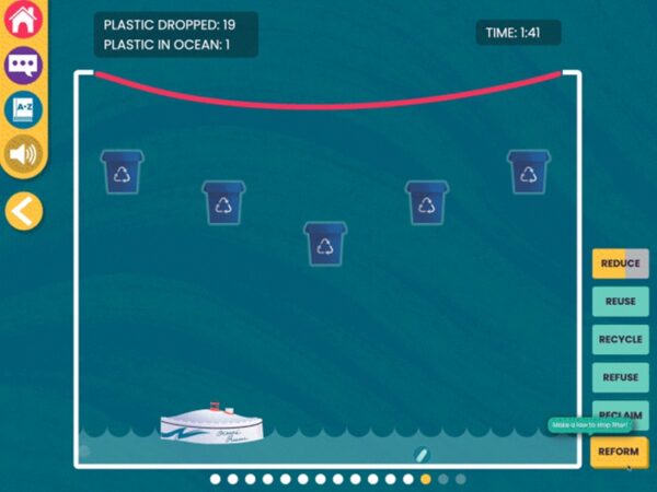 Screenshot from WaterWays Sharks and Plastic of an activity with recycling cans above a ship in the ocean.