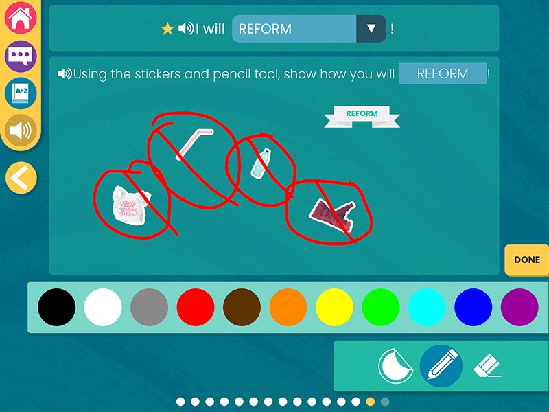 Screenshot from WaterWays Sharks and Plastic with an activity of plastic in the ocean. Text instructs users to use the stickers and pencil tool to show how they will reform.