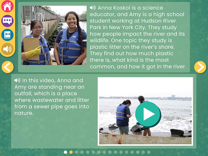 Screenshot from WaterWays Waters Journey containing two images. In the top image two women wearing life jackets stand with water behind them. The description says the photograph is of Anna Koskol – a science educator – and Amy – a high school student working at Hudson River Park. They study plastic litter on the river’s shore. In the bottom image Anna and Amy stand near an outfall, a place where wastewater and litter from a sewer pipe go into nature.