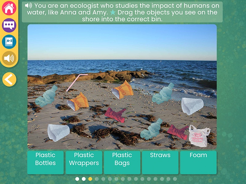 Screenshot from WaterWays Waters Journey with a photograph of a beach with illustrated trash strewn across it. Text above the photograph instructs users to drag the objects on the shore into the correct bin.