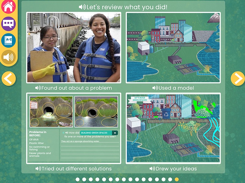 Screenshot from WaterWays Waters Journey containing four images. Text above the four images says “Let’s review what you did!” In the top left image two women wearing life jackets stand with water behind them and the description says “Found out about a problem.” In the top right image there is an illustration of a house next to a flowing river and a pond and the description says “Used a model.” In the bottom right image rain comes down on the same illustration of a house next to a flowing river and a pond and the description says “Drew your Ideas.” The bottom left image depicts an activity with circles around grass and water, and the description says “Tried out different solutions.”