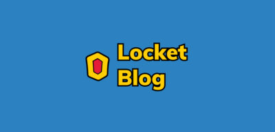 "Locket Blog" text in yellow and dark blue with the locket shield on a blue background.
