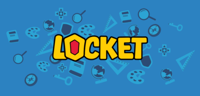 Locket logo surrounded by learning icons such as textbooks, magnifying glasses, globes, rulers, and keys.