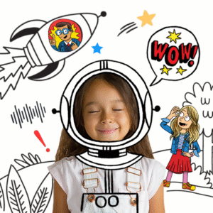 Young girl with eyes closed, overlaid with an astronaut helmet drawing, surrounded by cartoon elements like a rocket, speech bubble, and characters.