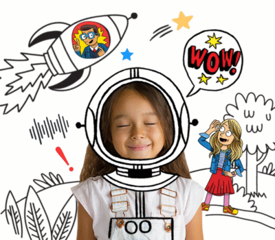 Young girl with eyes closed, overlaid with an astronaut helmet drawing, surrounded by cartoon elements like a rocket, speech bubble, and characters.