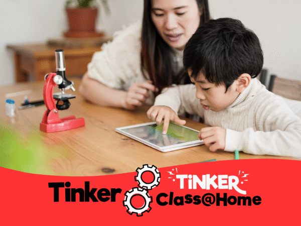 Mother and child using a tablet and microscope for a STEM activity with 'Tinker Class@Home' branding.