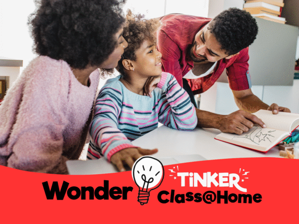 A family (mother, father, and child) happily engaged in reading and discussion for 'Tinker Class@Home'.
