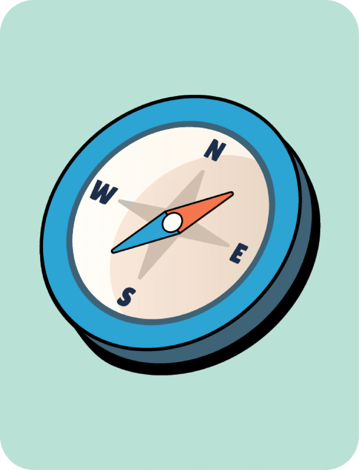 Cartoon illustration of a compass with a red and blue needle pointing northeast.