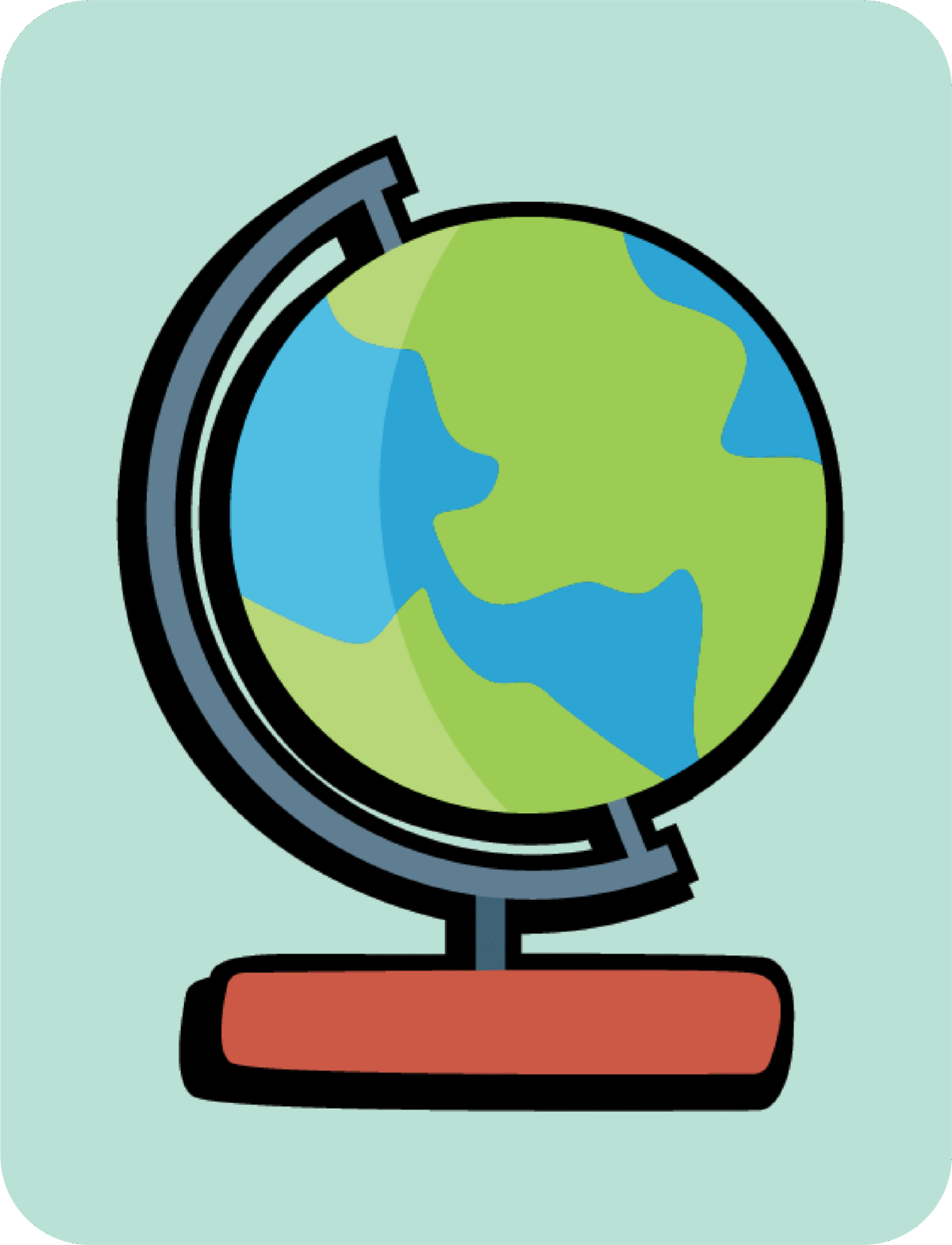 Cartoon illustration of a globe with simplified continents and oceans.