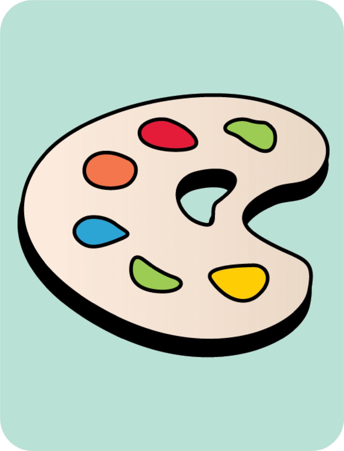 Cartoon illustration of an artist's palette with vibrant dabs of red, orange, green, blue, and yellow paint.