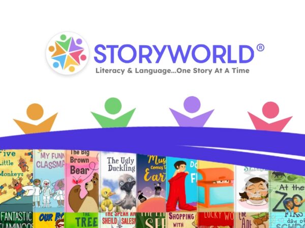 StoryWorld logo with "Literacy & Language...One Story At A Time" in text underneath with diverse book covers.