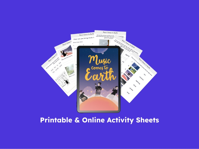 Music Comes to Earth book and printable activity sheets for kids, featuring engaging educational content.